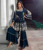 Navy Blue Faux Georgette Gharara Set with Golden Embroidery