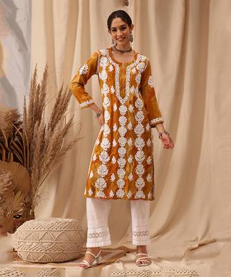 Hand embroidered mustard rayon lucknowi chikankari straight kurta 1