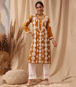 Hand embroidered mustard rayon lucknowi chikankari straight kurta
