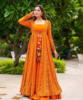 Yellow Faux Georgette Digital Printed Palazzo Crop top Set With Shrug 1