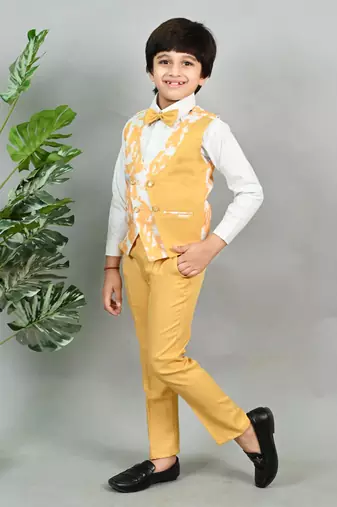 Boys cotton blend marble print 3 piece party suit set - yellow