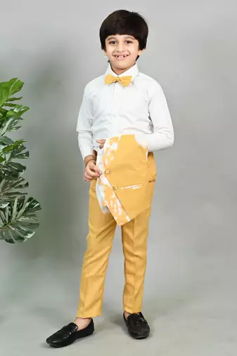 Boys cotton blend marble print 3 piece party suit set - yellow