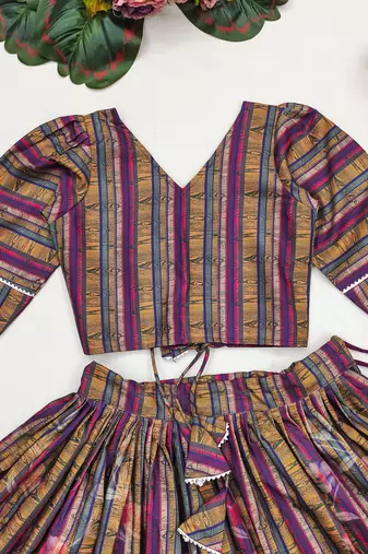Elegant floral lehenga set with striped jacket blouse