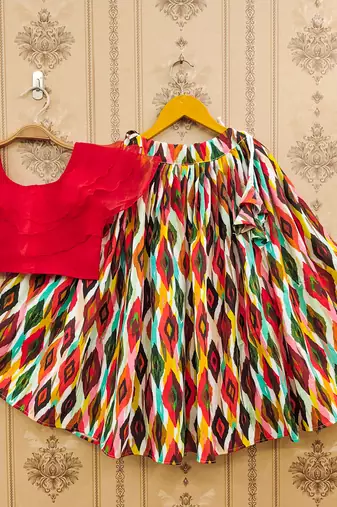 Vibrant ikat print lehenga set with ruffle blouse