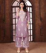 Dusty pink heavy cotton white thread work embroidered lucknowi chikankari mid-length straight kurta
