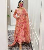Peach Printed Full Flared Anarkali With Pant & Dupatta Set