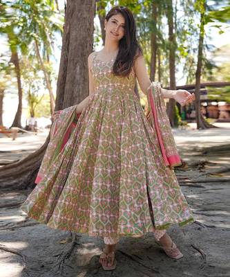 Green beautiful muslin fabric digital printed girlie ceremonial dress 1