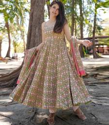 Green beautiful muslin fabric digital printed girlie ceremonial dress