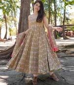 Green beautiful muslin fabric digital printed girlie ceremonial dress