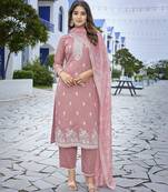 Mauve pink sophisticated chanderi fabric embroidered work girlie suits