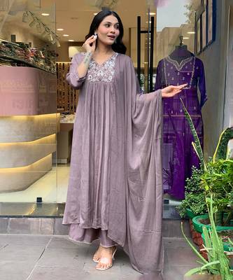 Grey beautiful embroidery work viscosee chinon fabric suit 1