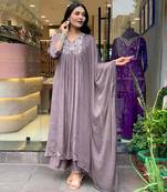 Grey beautiful embroidery work viscosee chinon fabric suit