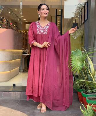 Pink beautiful embroidery work viscosee chinon fabric suit 1