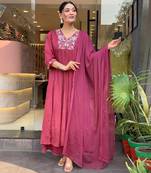 Pink beautiful embroidery work viscosee chinon fabric suit