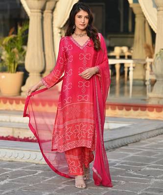 Pink beautiful embroidery work with printed chinon silk fabric suit 1