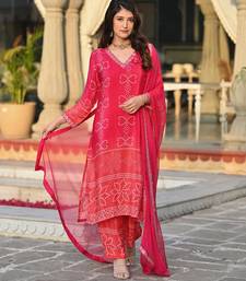 Pink beautiful embroidery work with printed chinon silk fabric suit
