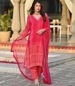 Pink beautiful embroidery work with printed chinon silk fabric suit