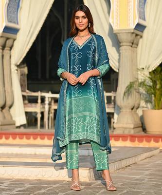 Rama beautiful embroidery work with printed chinon silk fabric suit 1