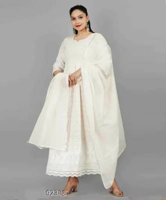 Cream cotton Embroidered Chikankari Anarkali Kurti Set 1