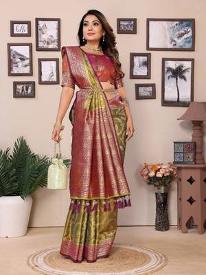 Dark olive tissue silk art kanjeevaram silk saree 2