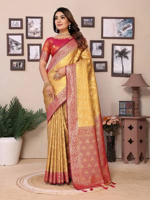Mustard tissue silk art kanjeevaram silk saree 1