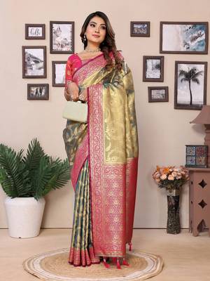 Olive tissue silk art kanjeevaram silk saree 2