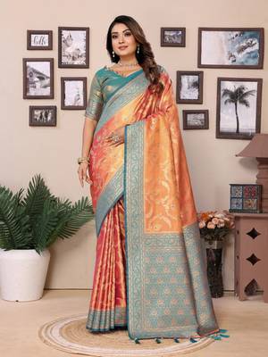 Orange tissue silk art kanjeevaram silk saree 1