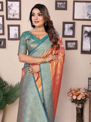 Orange tissue silk art kanjeevaram silk saree 4