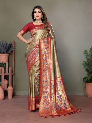 Beige paithani tissue art silk saree 1