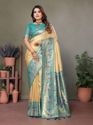 Lightyellow tissue silk art paithani silk saree 1