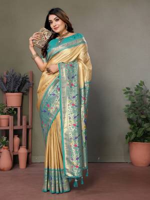 Lightyellow tissue silk art paithani silk saree 2