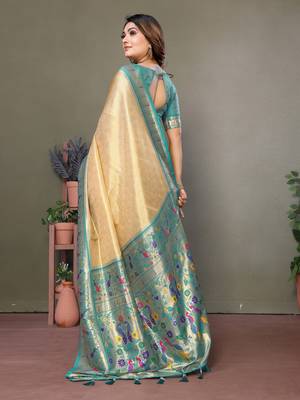 Lightyellow tissue silk art paithani silk saree 3