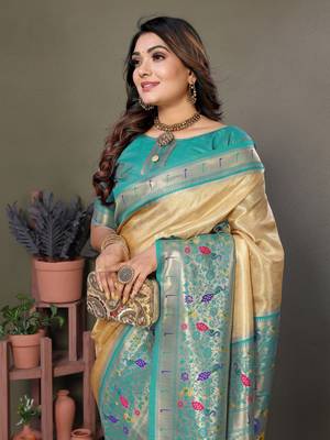 Lightyellow tissue silk art paithani silk saree 4