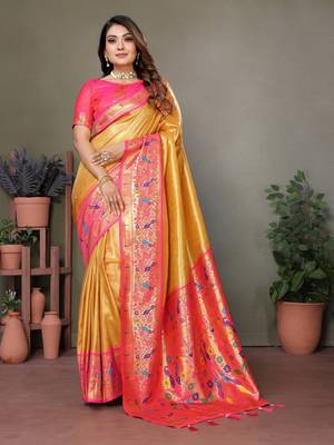 Mustard tissue silk art paithani silk saree 1