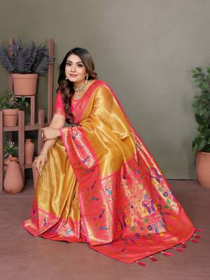 Mustard tissue silk art paithani silk saree 2