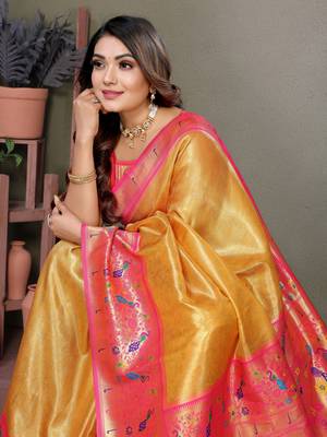 Mustard tissue silk art paithani silk saree 4