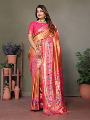 Orange tissue silk art paithani silk saree 1