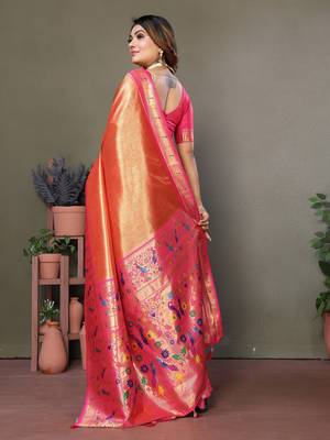 Orange tissue silk art paithani silk saree 3