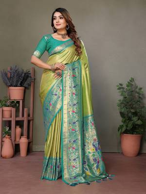 Parrot tissue silk art paithani silk saree 1
