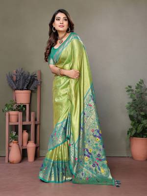 Parrot tissue silk art paithani silk saree 2
