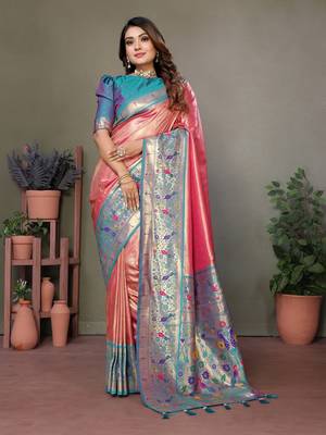 Peach tissue silk art paithani silk saree 1