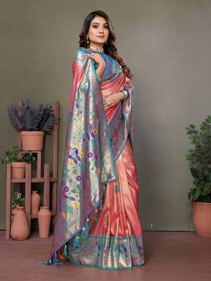 Peach tissue silk art paithani silk saree 2