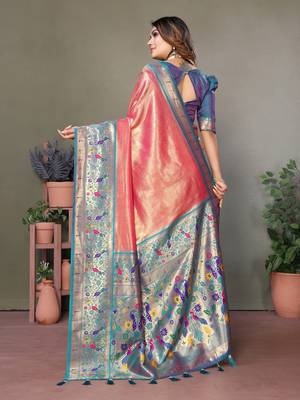 Peach tissue silk art paithani silk saree 3