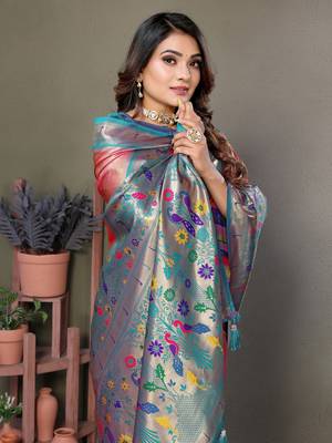 Peach tissue silk art paithani silk saree 4