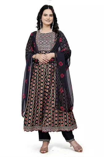 Black rayon cotton fabric ethnic suit with printed with embroidery work