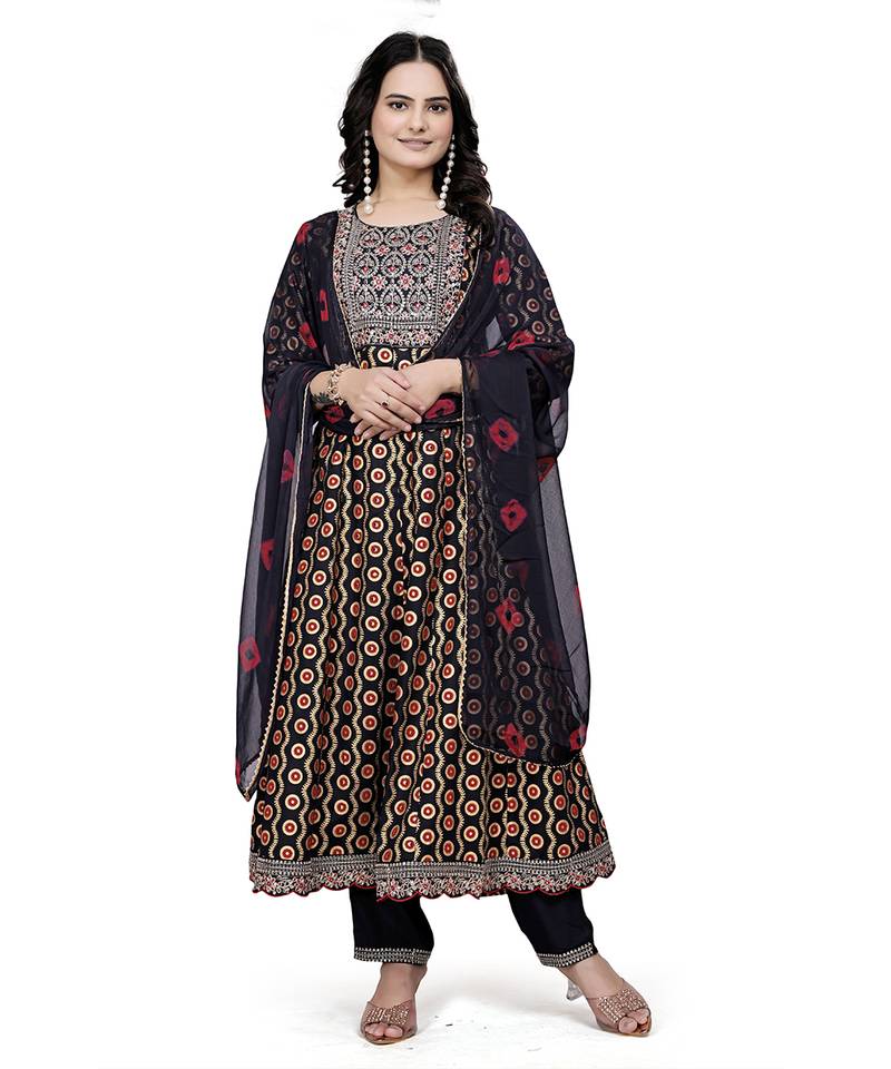 Black rayon cotton fabric ethnic suit with designer printed with embroidery work