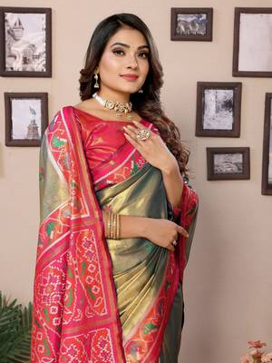 Mahendi tissue silk patola design art kanjeevaram silk saree 4