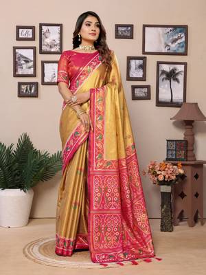 Mustard tissue silk patola design art kanjeevaram silk saree 1