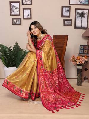 Mustard tissue silk patola design art kanjeevaram silk saree 2