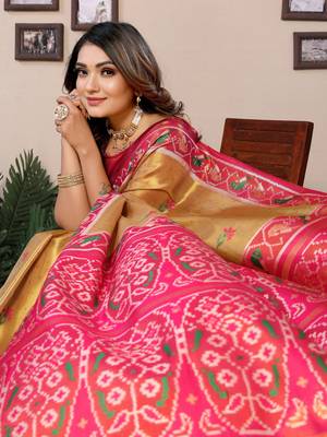 Mustard tissue silk patola design art kanjeevaram silk saree 4